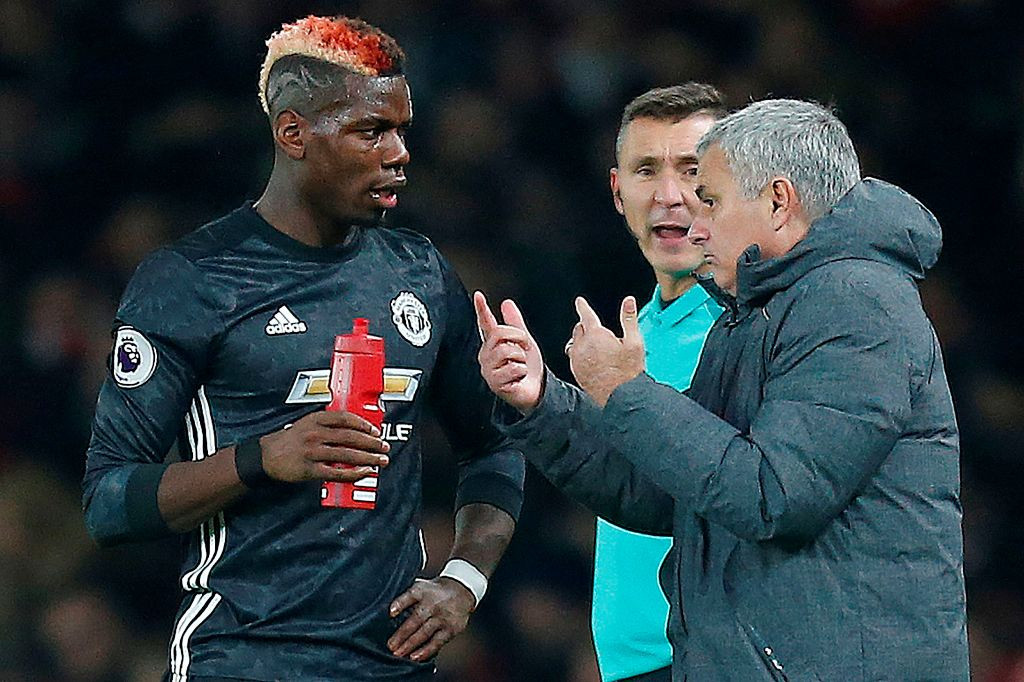 Paul Pogba and Jose Mourinho ( AFP PHOTO / IKIMAGES )
