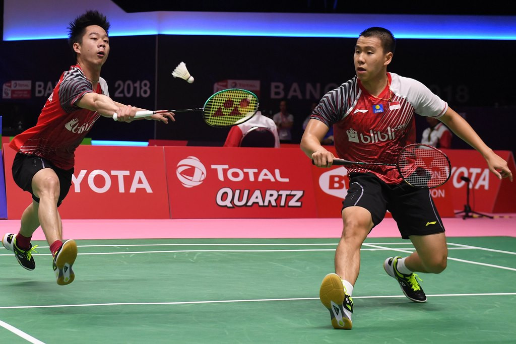  Pebulu tangkis ganda putra Indonesia Kevin Sanjaya Sukamuljo (kiri) dan Marcus Fernaldi Gideon. (Foto: Antara/Puspa Perwitasari)