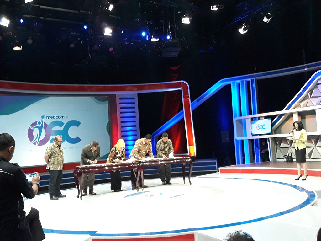 Penandatanganan MoU, antara Medcom.id dan 17 PTS pemberi beasiswa OSC 2018, Medcom.id/Citra Larasati.