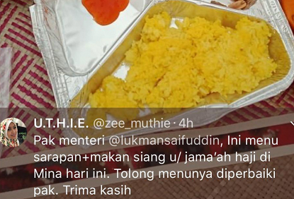 Seorang warganet mengadu tentang menu makanan yang diterima orang tuanya di Mina, Arab Saudi/Dok: Kemenag.go.id