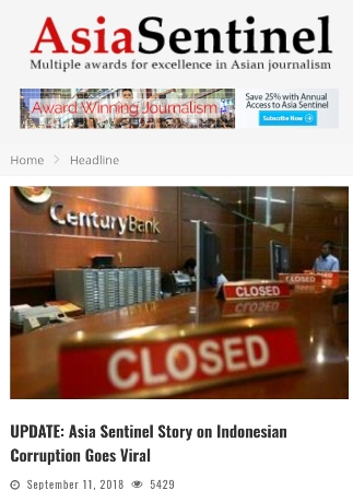 Sempat Hilang, Artikel Asia Sentinel Muncul Lagi