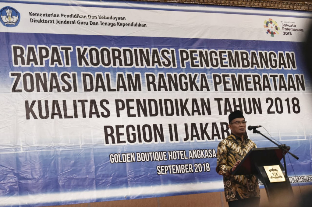 Mendikbud, Muhadjir Effendy saat membuka Rapat Koordinasi Pengembangan Zonasi dalam Rangka Pemerataan Kualitas Pendidikan 2018 Region II Jakarta, BKLM Kemendikbud.