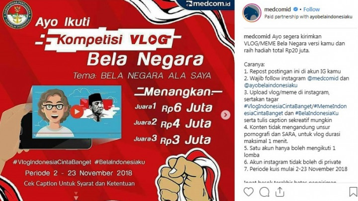 Ayo! Ikut Kompetisi Vlog dan Meme Bela Negara Berhadiah Total Rp20 Juta