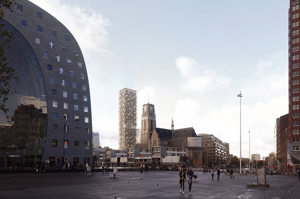 Suasana di sekitar bangunan berlantai 43 yang merupakan bekas kantor pos di Rotterdam, Dezeen