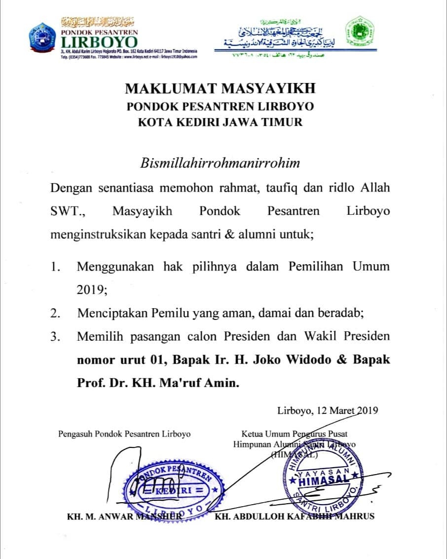 Ponpes Lirboyo Instruksikan Santri dan Alumni Pilih Jokowi