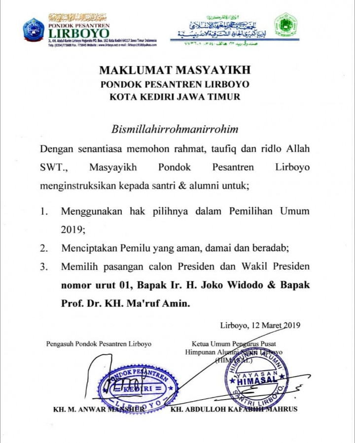 Ponpes Lirboyo Instruksikan Santri dan Alumni Pilih Jokowi
