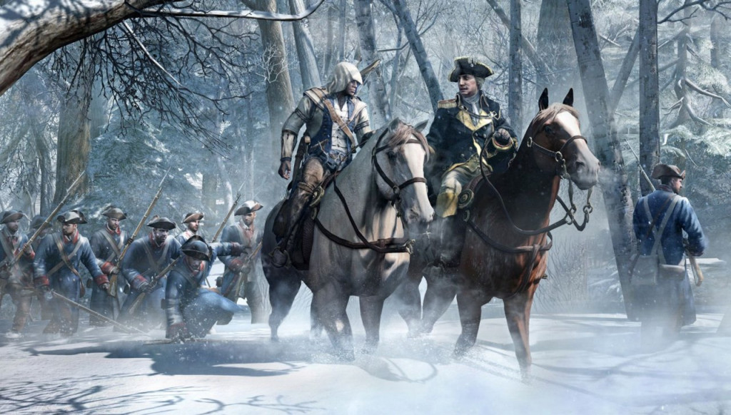 Tokoh Assassin's Creed III bersama George Washington.
