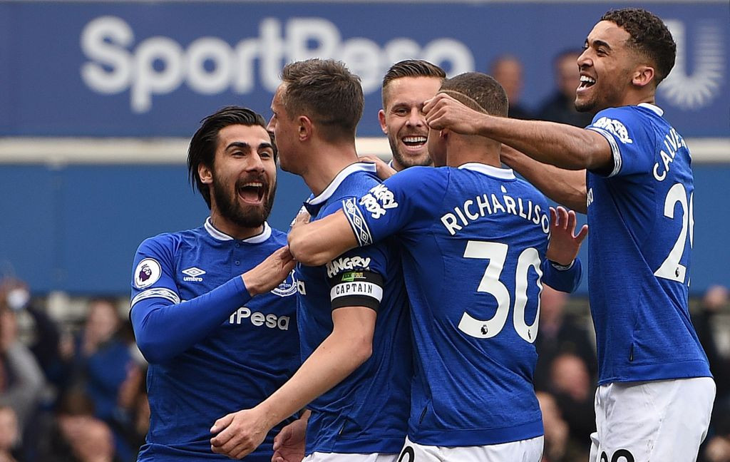 Momen para pemain Everton merayakan gol Phil Jagielka ke gawang Arsenal (Foto: AFP/Oli Scarff)