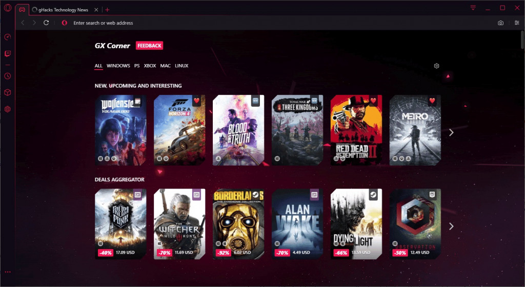 Tampilan GX Corner di Opera GX.