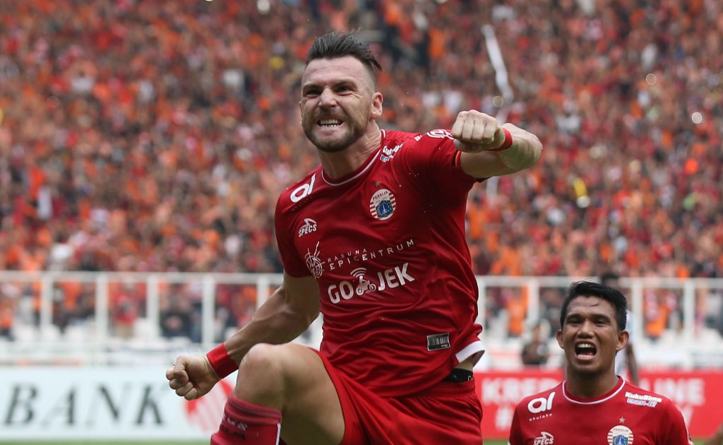 Selebrasi gol striker Persija, Marko Simic. (MI/RAMDANI)