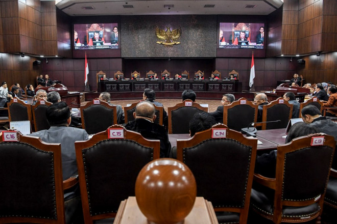 Suasana sidang Perselisihan Hasil Pemilihan Umum (PHPU) Pilpres 2019 di Gedung Mahkamah Konstitusi, Jakarta. (Foto: ANTARA/Hafidz Mubarak)