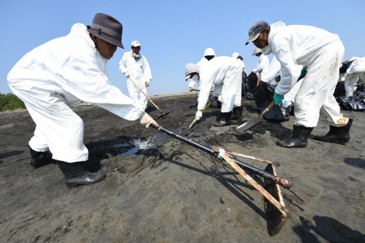 1.500 Personil Bersihkan Tumpahan Minyak di Pantai Karawang