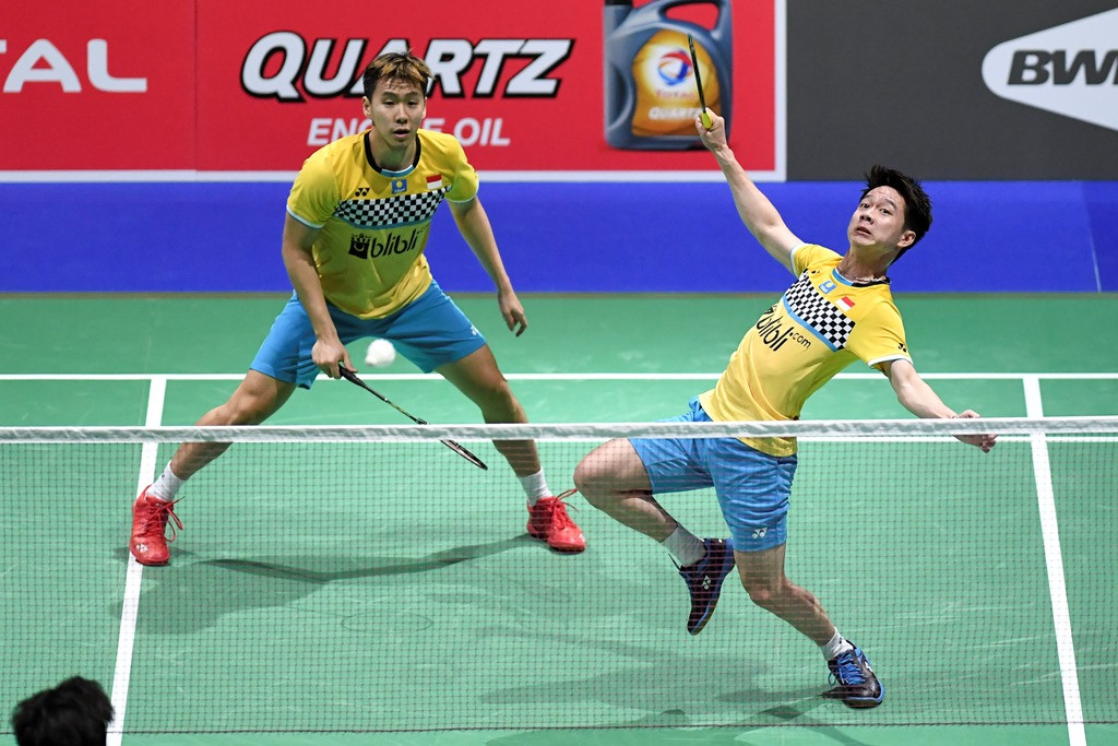 Ganda putra Indonesia, Marcus Fernaldi Gideon (kiri) dan Kevin Sanjaya Sukamuljo (Antara/Hafidz Mubarak)