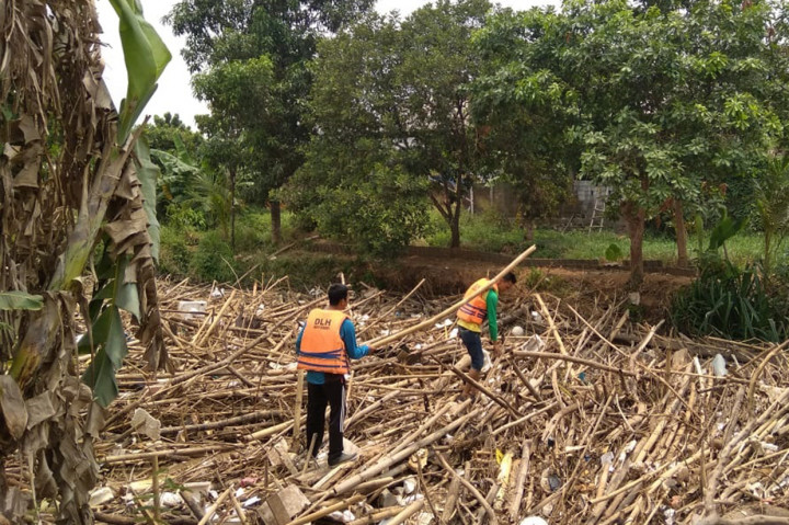 Aliran Sungai Cikeas Tersumbat Sampah Bambu