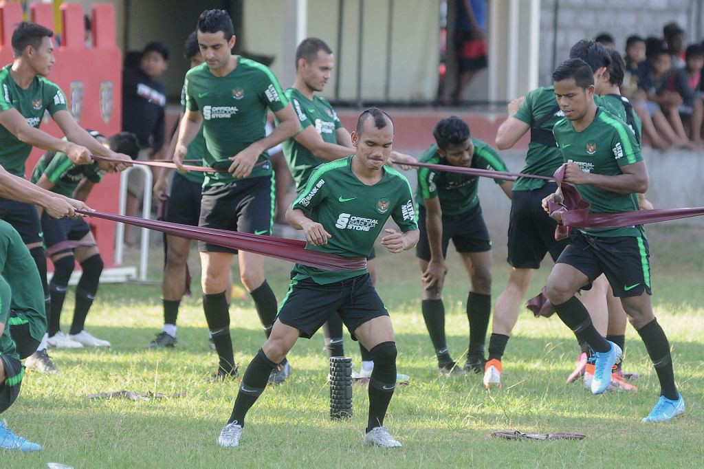 Pemain timnas Indonesia menjalani latihan (Antara/Fikri Yusuf)