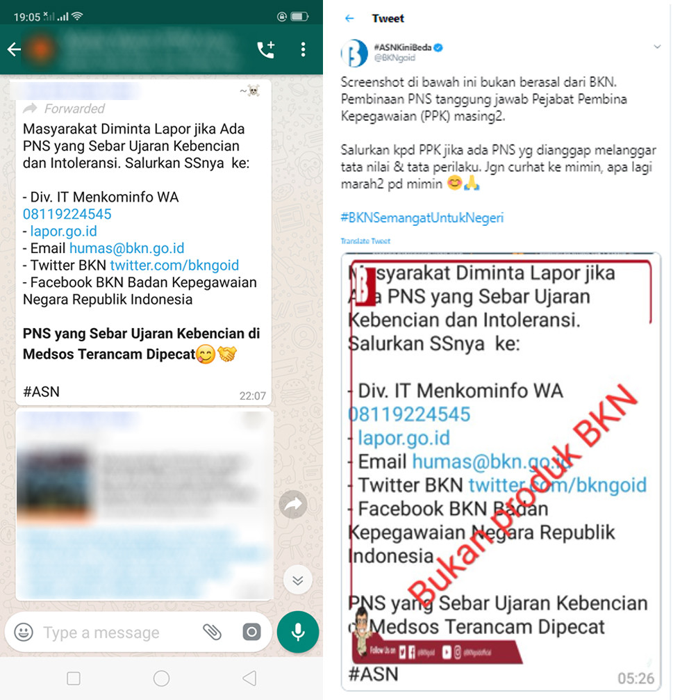 Tangkapan layar persebaran pesan hoaks mengatasnamakan Kominfo dan BKN/Medcom.id
