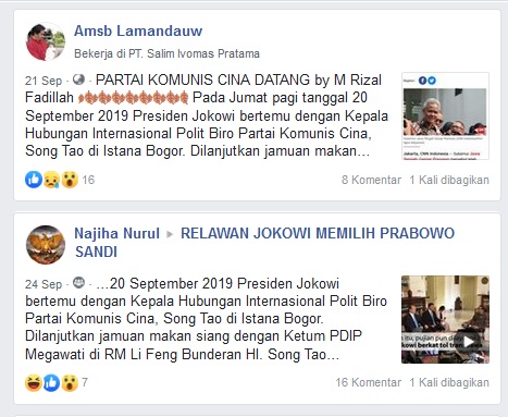 Tangkapan layar pemberitaan palsu dari media sosial