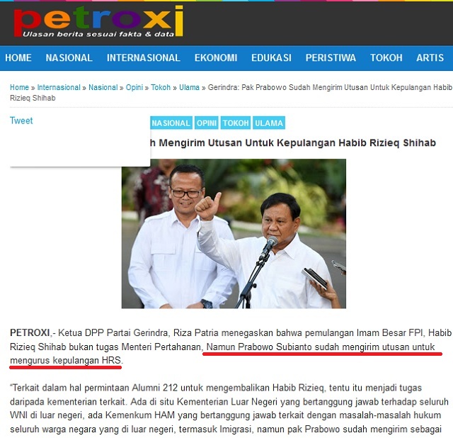 Tangkapan layar pemberitaan palsu dari situs media blog