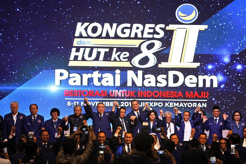 Ketua Umum Partai NasDem terpilih Surya Paloh menyampaikan susunan pengurus Partai NasDem yang baru dalam Kongres Ke-II Partai NasDem. MI/Susanto.