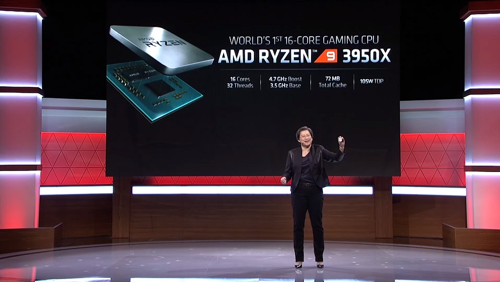 CEO AMD, Dr. Lisa Su saat memperkenalkan AMD Ryzen 9 3950X pertama kali di acara E3 2019.