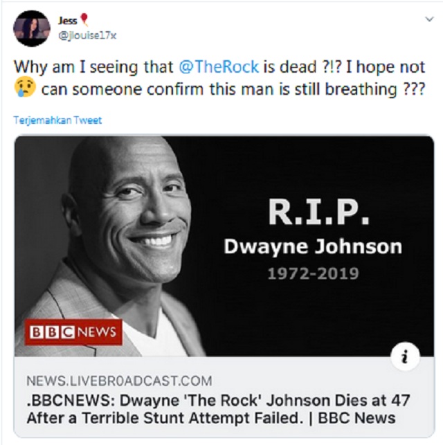 Tangkapan layar pemberitaan palsu dari media sosial