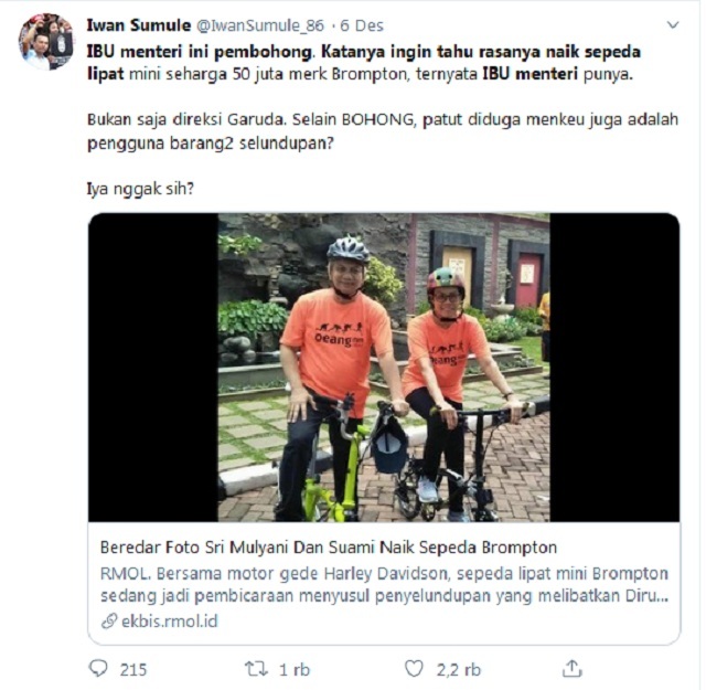 Viral Foto Sri  Mulyani  dan Suami Naik Sepeda  Brompton  