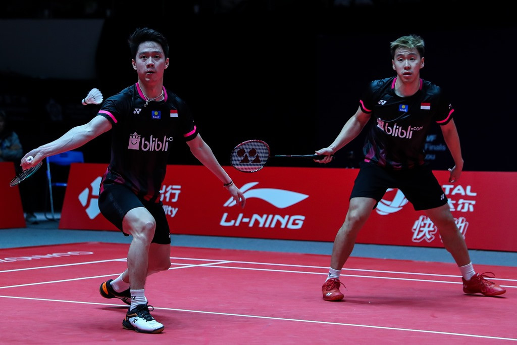 Ganda putra nomor satu dunia, Kevin Sanjaya Sukamuljo (kiri) dan Marcus Fernaldi Gideon (Humas PBSI)