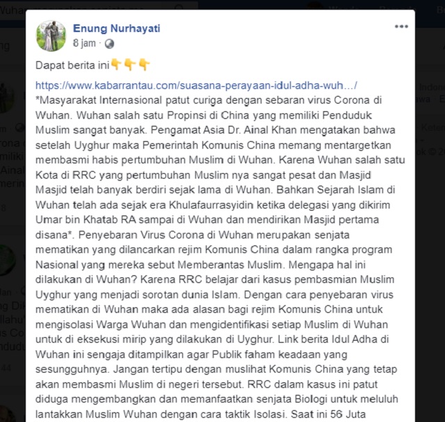 Tangkapan layar pemberitaan palsu di media sosial (Facebook).