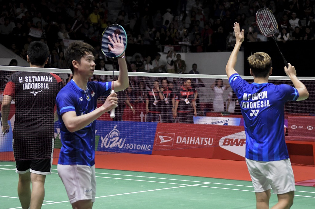 Pebulu tangkis ganda putra Indonesia Marcus Fernaldi Gideon/Kevin Sanjaya Sukamuljo (ANTARA FOTO/Galih Pradipta)