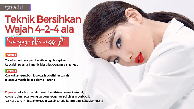 Suzy memiliki teknik membersihkan wajah yang unik. (Infografis: Sandra Odilifia)