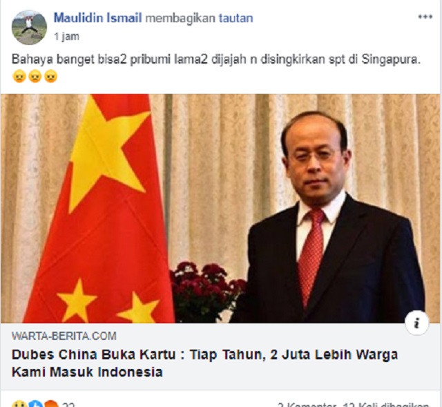 Tangkapan layar pemberitaan palsu di media sosial (Facebook)