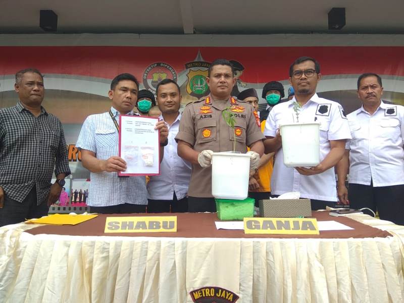 Kasatresnarkoba Mapolresta Depok (kiri) Kompol Indra Tarigan dan Kapolres Metro Depok (kanan berseragam) Kombes Pol Azis Andriansyah saat gelar perkara kasus tanaman ganja di Mapolres Metro Depok. (Foto: Medcom.id/Octavianus)