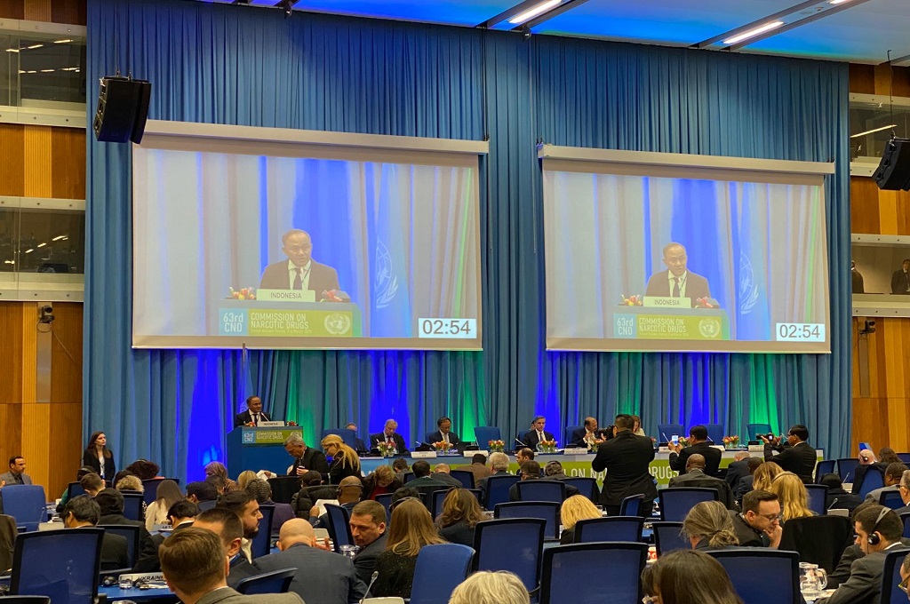 Indonesia memaparkan tiga strategi nasional dalam memerangi narkoba di sebuah forum PBB di Wina, Austria, 2 Maret 2020. (Foto: KBRI/PTRI Wina)