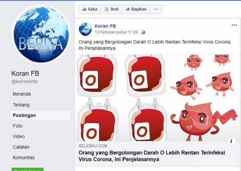Orang Dengan Golongan Darah O Rentan Terinfeksi Virus Korona Hoaks