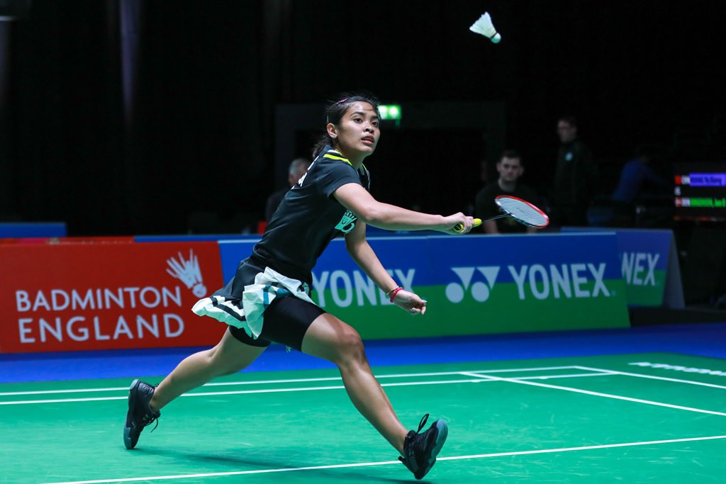 Aksi Gregoria Mariska Tunjung pada babak pertama All England (Humas PBSI)