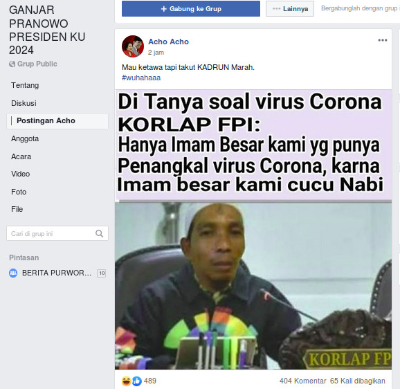 Tangkapan layar pemberitaan palsu melalui media sosial. Foto: Facebook