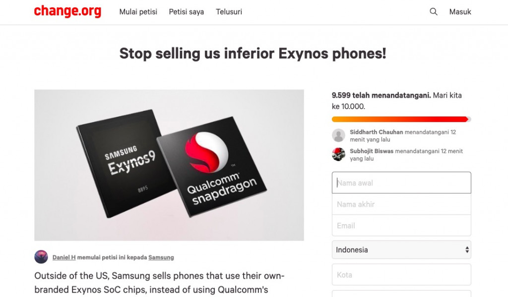 Petisi kepada Samsung di Change.org.