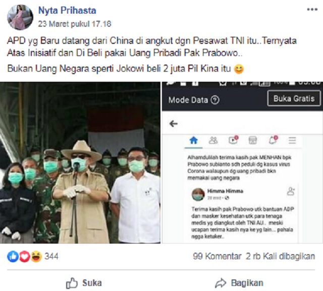 Tangkapan layar informasi palsu di media sosial 