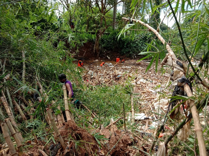 Kali Cikeas Bekasi Kembali Diselimuti Sampah Bambu