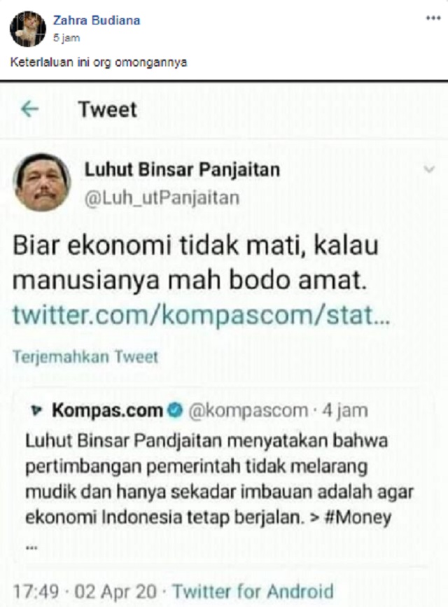 Tangkapan layar informasi di media sosial