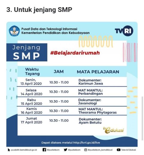 Jadwal Belajar di Rumah TVRI.  Foto: Dok. Kemendikbud