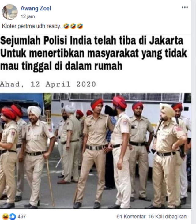 Tangkapan layar informasi palsu di media sosial