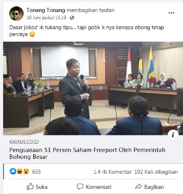 Tangkapan layar informasi palsu di media sosial