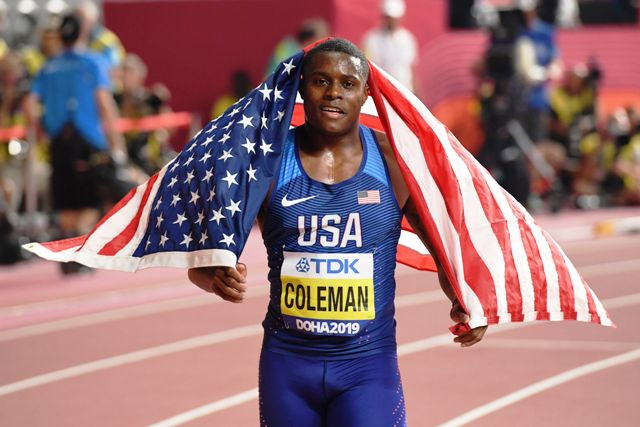 Christian Colemen saat menjuarai lari 100 meter di Kejuaraan Dunia Atletik 2019 di Doha, Qatar-Foto: AFP/KIRILL KUDRYAVTSEV