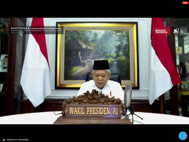 Wakil Presiden Ma;ruf Amin dalam pembukaan Hakteknas ke-25 tahun 2020. Zoom