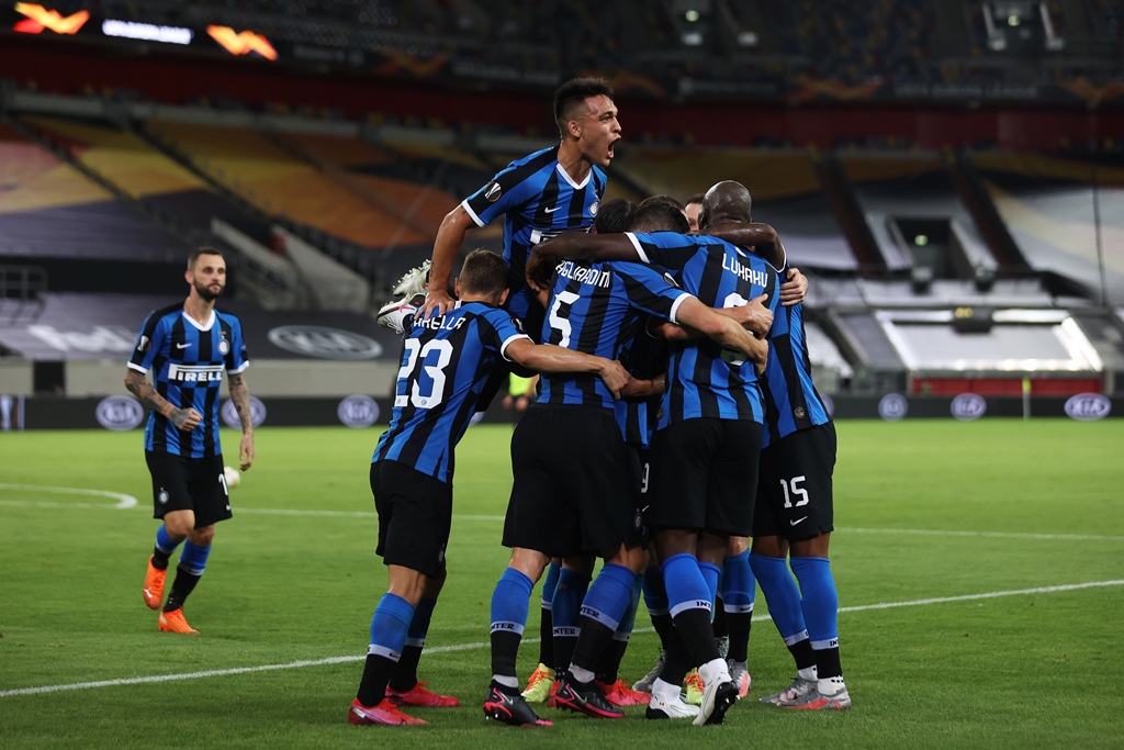 Inter Milan merayakan kemenangan atas Shakhtar Donetsk. (Foto: AFP/Lars Baron)