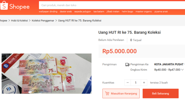 Uang Pecahan Rp75 Ribu Dijual Rp8,8 Juta di Platform Digital