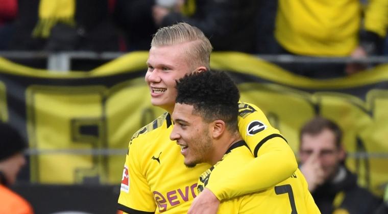 Penggawa Borussia Dortmund, Erling Haaland (kiri) dan Jadon Sancho (AFP/Ina Fassbender)