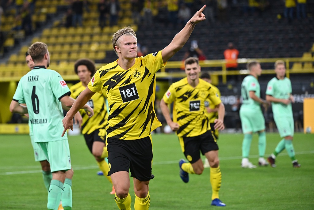 Selebrasi gol Erling Haaland. (Ina Fassbender / AFP)