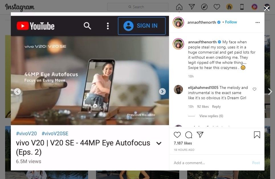 Unggahan akun Instagram @annaofthenorth yang menyatakan iklan Vivo V20 menggunakan lagunya tanpa izin.